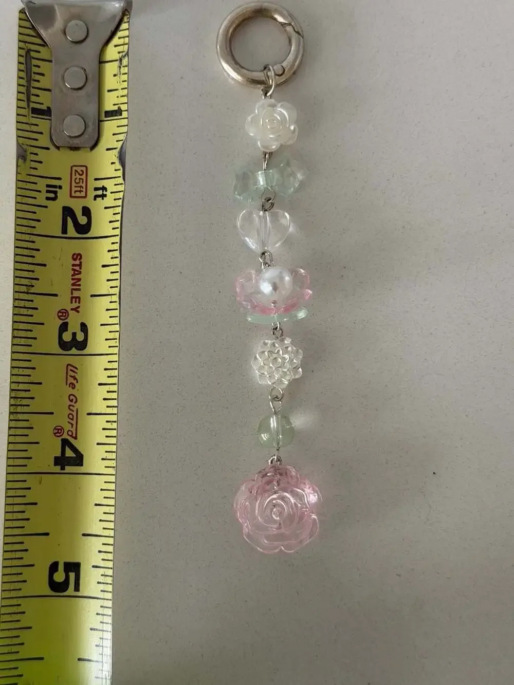 Handmade Floral Beaded Keychain with Pink Rose and Green Accents